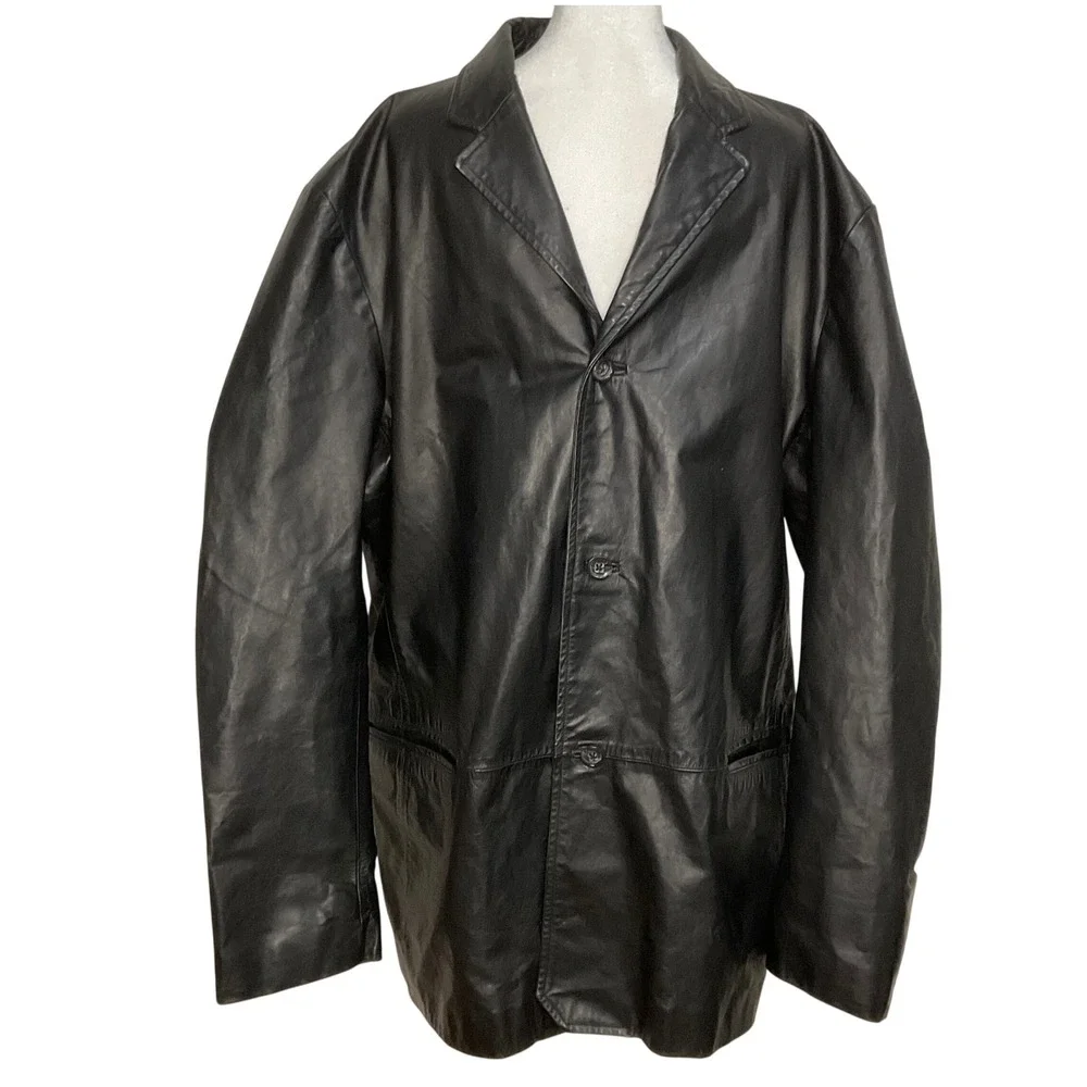vintage Banana‎ republic men's leather jacket trench coat black Korea retro Y2K